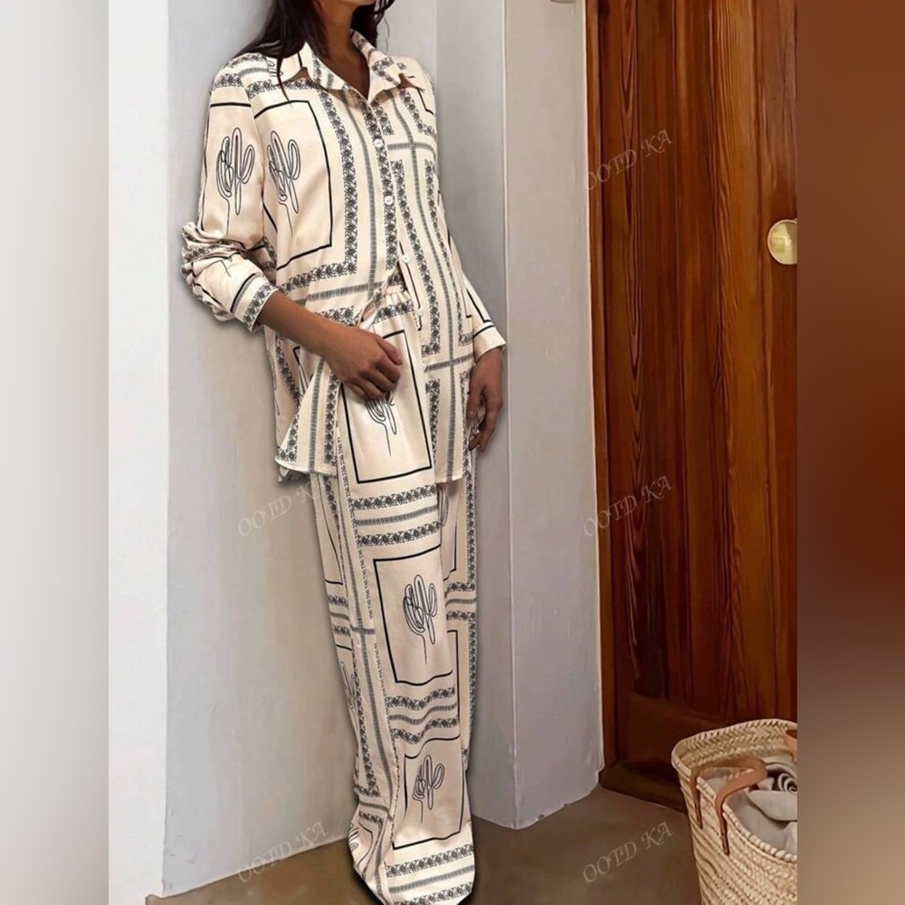 Cactus Print Cream and Black Lounge Set